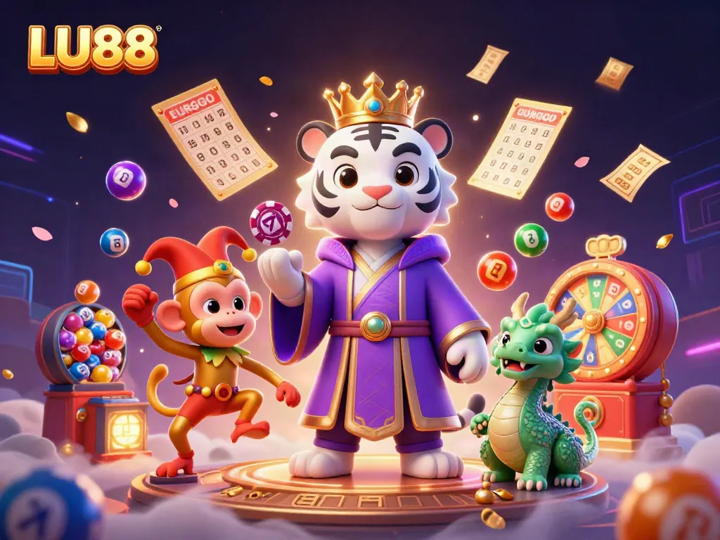 LU88 features a majestic white tiger and playful monkey in a vibrant casino setting, showcasing lively gaming elements.