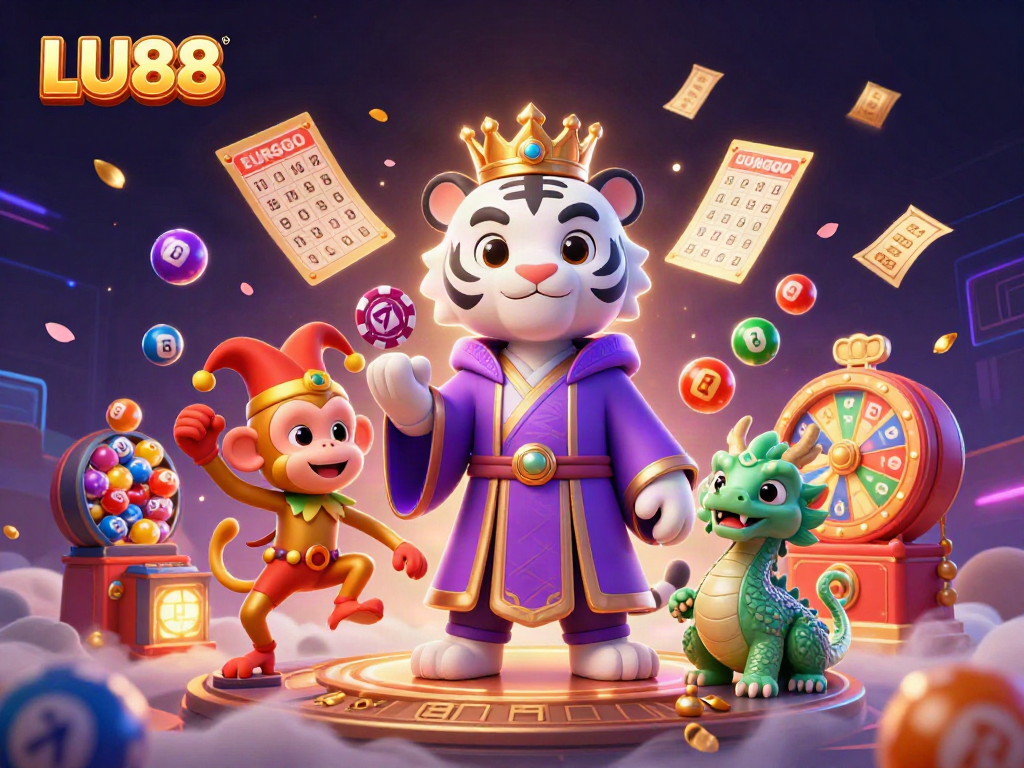 LU88 features a majestic white tiger and playful monkey in a vibrant casino setting, showcasing lively gaming elements.