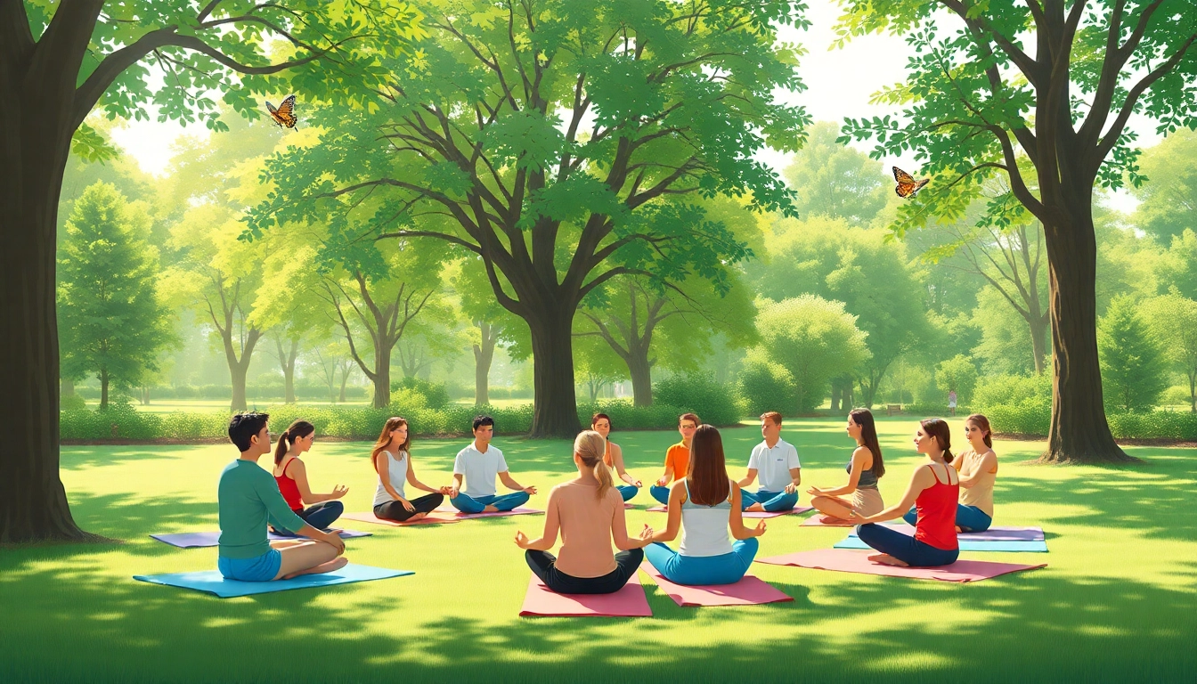 Promoting mental health awareness through community mindfulness activities in a serene park.