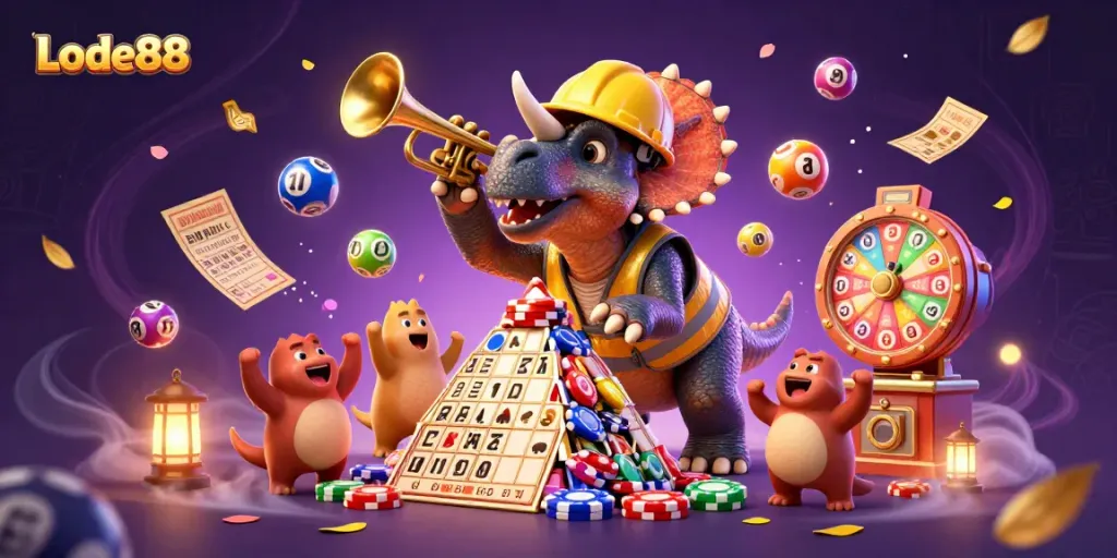 Experience the thrill of gaming at Lode88 with a vibrant 3D illustration showcasing a fun casino scene.
