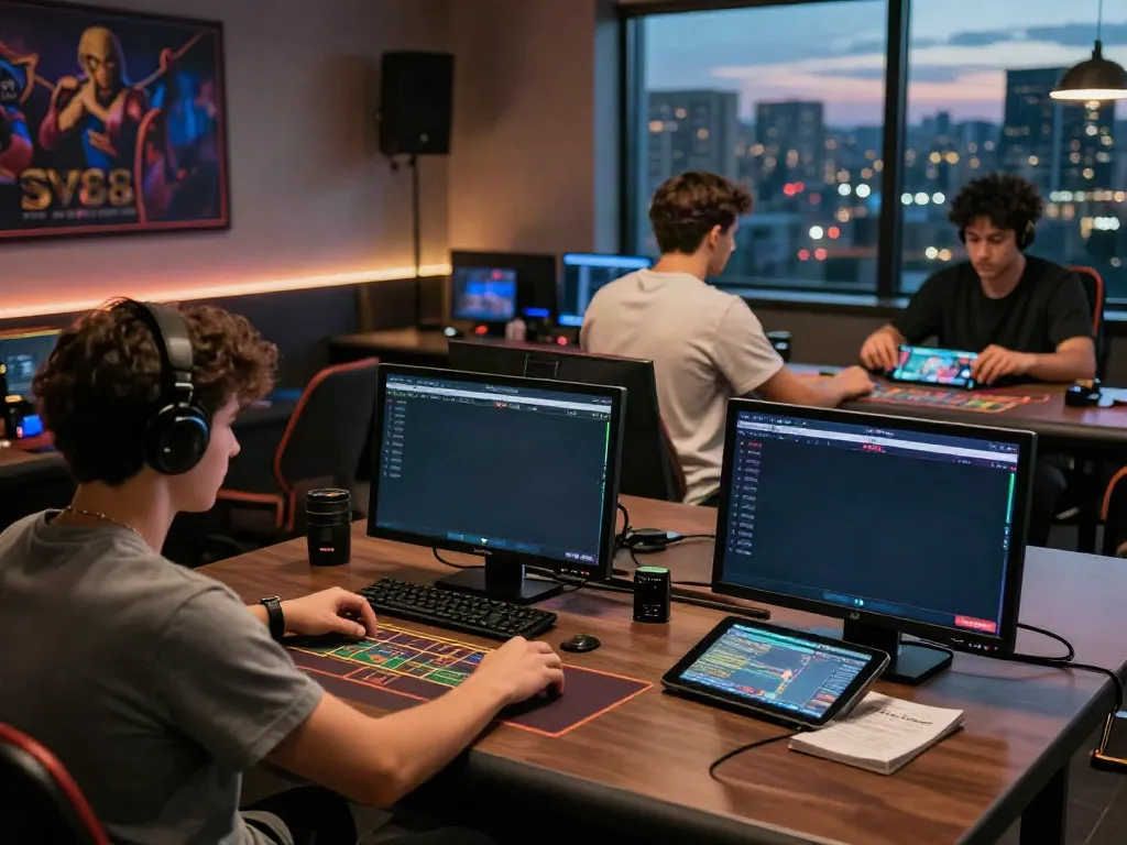 Engaged players using SV88 gaming platform for online betting and casino games, laptop and smartphone in vibrant atmosphere.