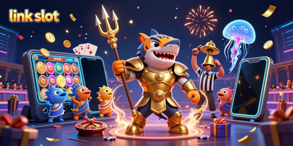 Experience the thrill of link slot gaming in a vibrant underwater colosseum with a golden shark and dynamic visuals.