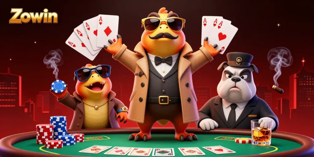 Experience the thrill of Zowin with cartoon raptors entering a VIP lounge in this vibrant casino scene.