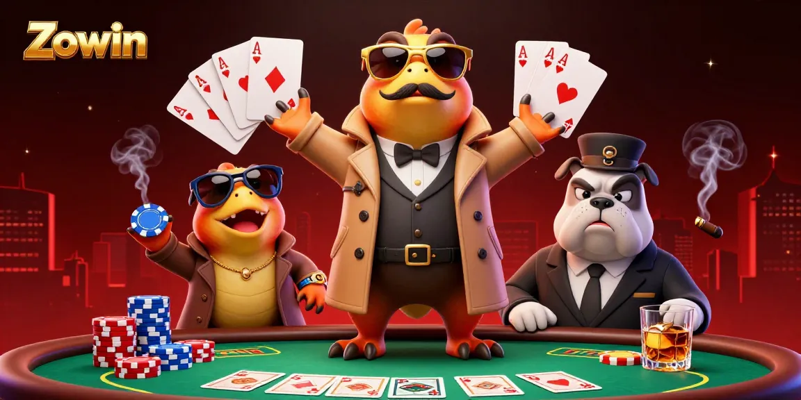 Experience the thrill of Zowin with cartoon raptors entering a VIP lounge in this vibrant casino scene.