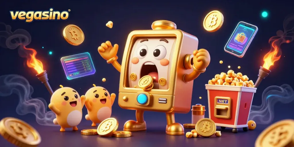 Experience thrilling wins with Vegasino as a joyful golden slot machine hits a jackpot.
