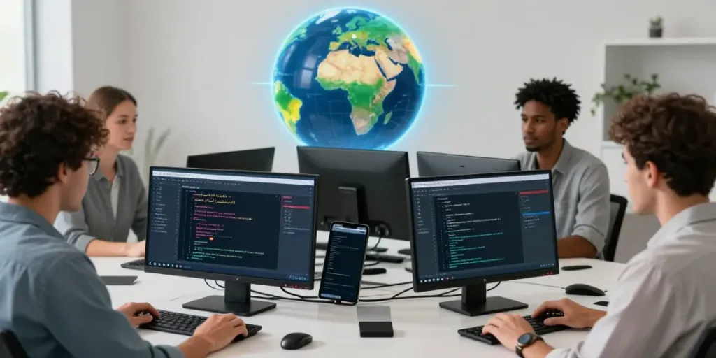 Arabisch lernen in Marokko mit innovativen Softwarelösungen im modernen Entwicklerbüro.