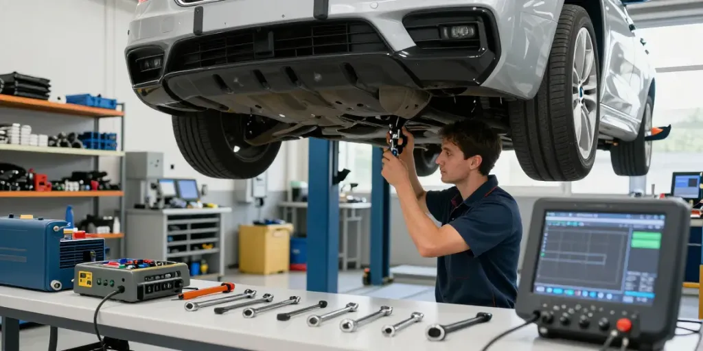 Professionelle BMW Werkstatt in Hannover mit Techniker bei der Reparatur.