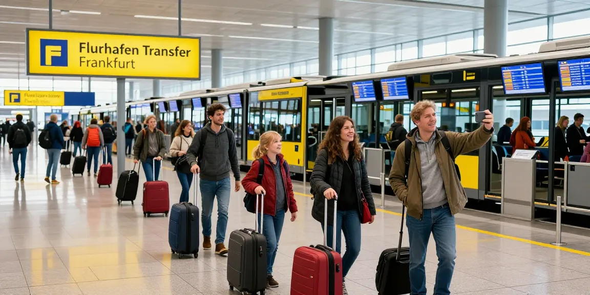Familie beim Flughafentransfer Frankfurt, fröhliche Gesichter am Abholpunkt.