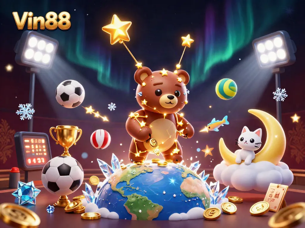 Engage in Vin88's thrilling gaming experience with 3D cartoon bear and vibrant casino elements.