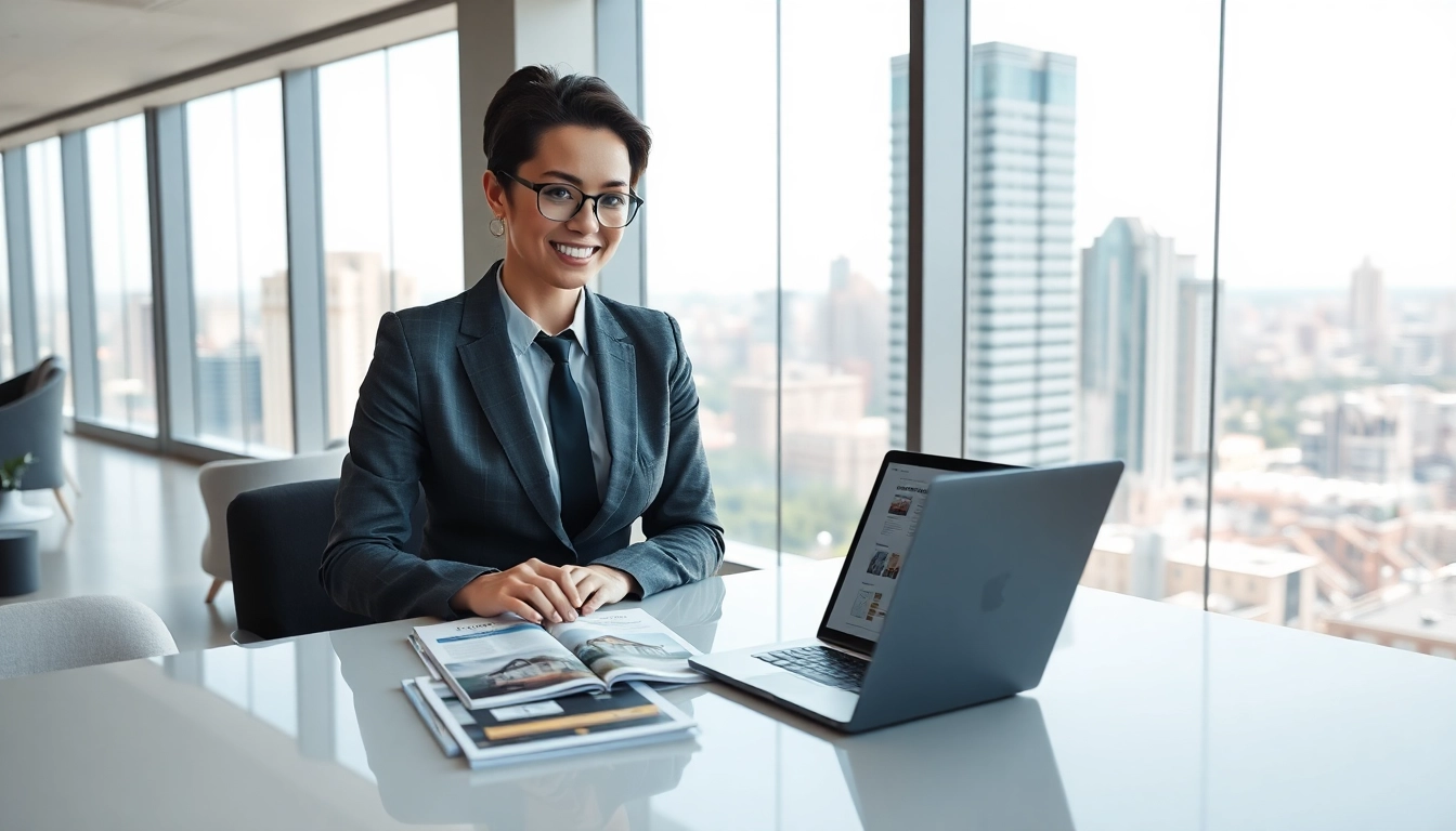 Immobilienmakler Frankfurt Ginnheim, professioneller Immobilienmakler in einem modernen Büro mit städtischem Ausblick.