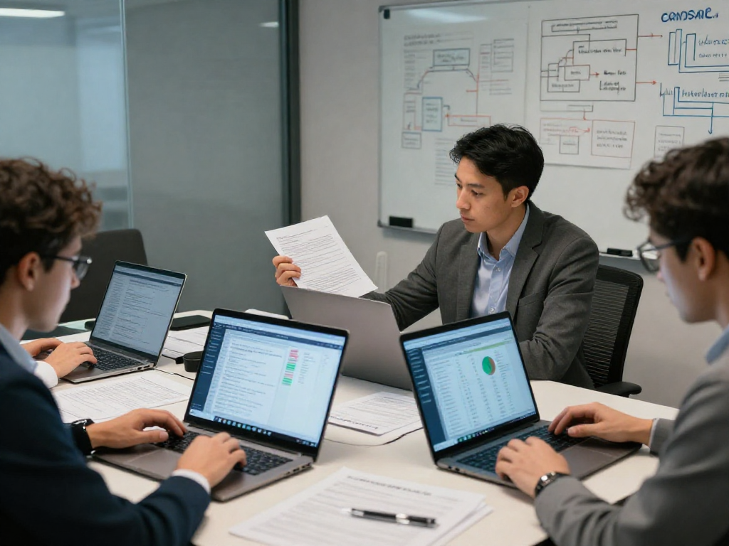 Team collaborating on document fraud detection analysis, showcasing advanced AI tools for verification.