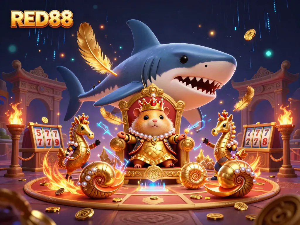 Engage with RED88 through a dynamic casino scene featuring a golden hamster king and his royal entourage.