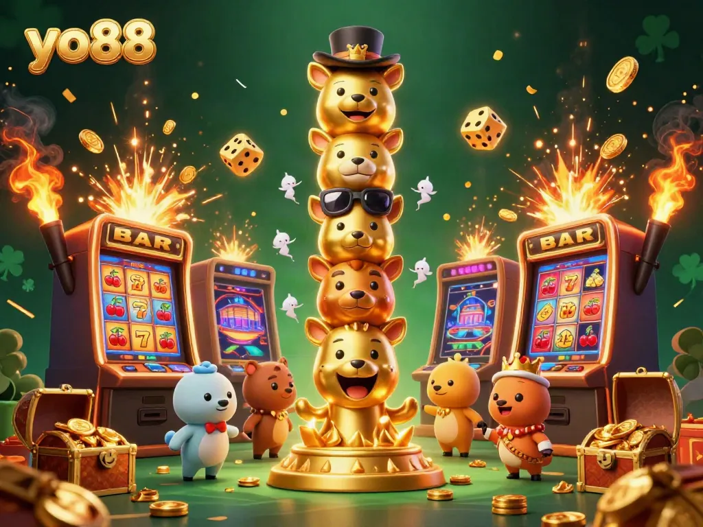 Win big at yo88 with a vibrant casino scene featuring colorful slot machines and a golden totem pole.