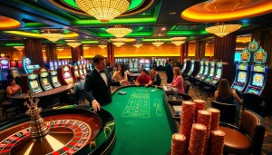 Exciting casino atmosphere showcasing home bdtk1 with roulette and poker tables bustling with players.