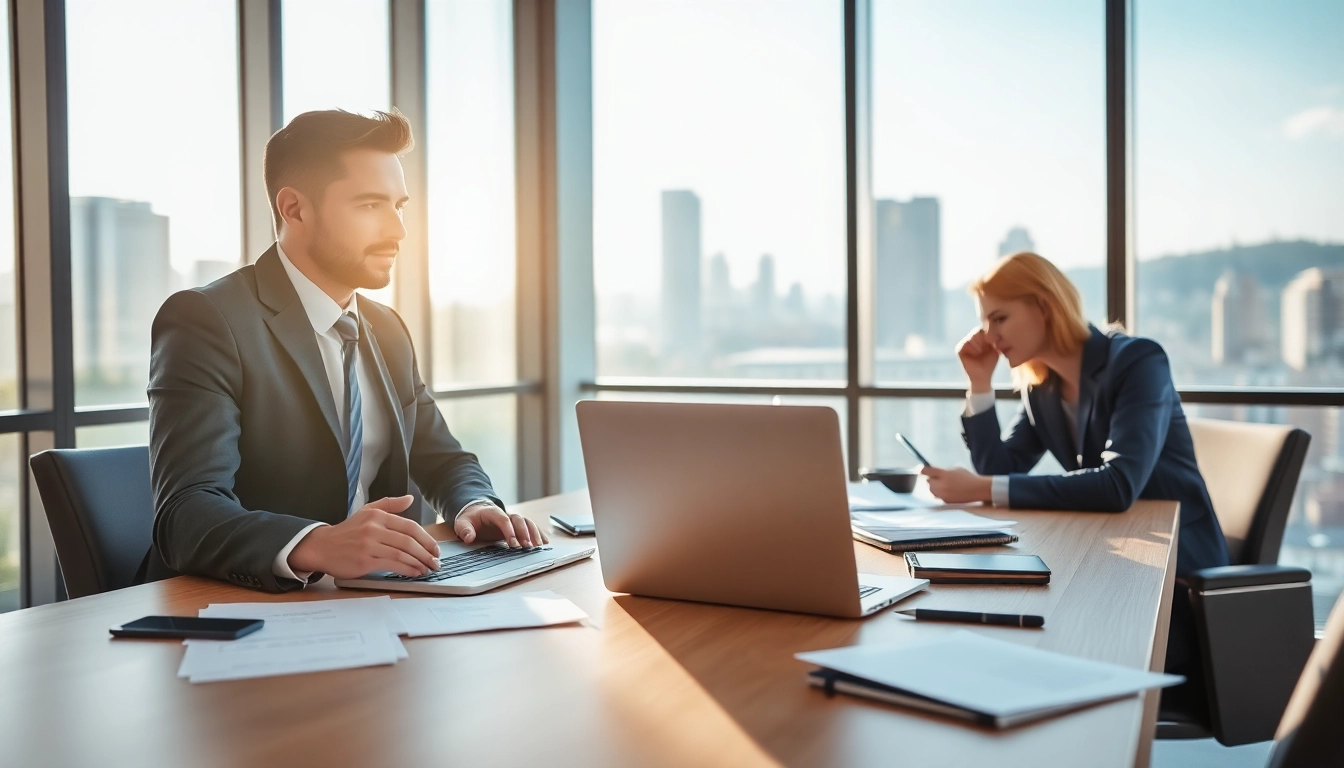 Headhunter Schweiz berät Klienten in modernem Büro mit Stadtblick.