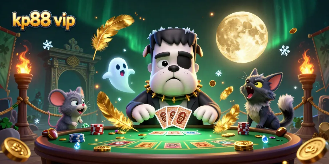Engage in thrilling gameplay at kp88 vip, where cartoon characters offer a lively casino experience with cards and chips.