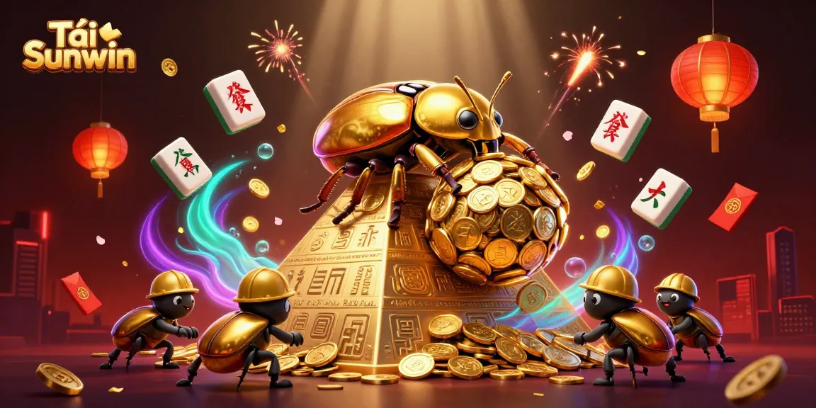 Tải Sunwin showcases a vibrant 3D scene with a golden dung beetle amidst casino-themed elements, highlighting gaming excitement.