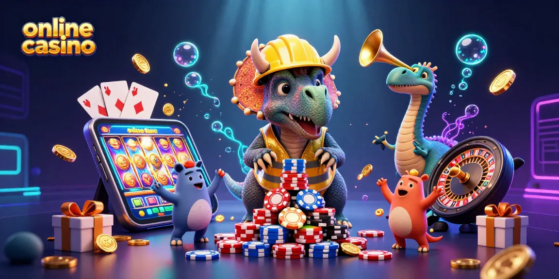 Engage in exciting online casino experiences with a 3D triceratops building poker chip pyramids.