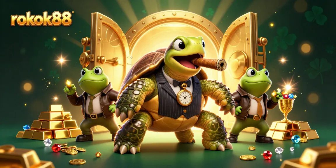 Engage with rokok88's thrilling casino adventure, featuring animated characters amidst treasure and lights.