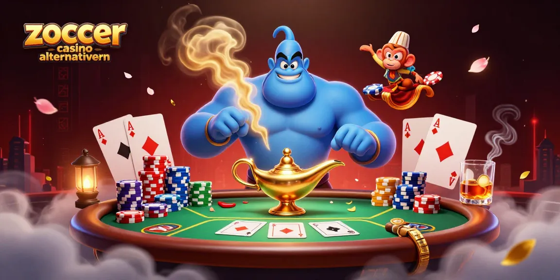 Erkunde Zoccer Casino Alternativen mit einem dynamischen 3D-Genie und Poker-Chips.