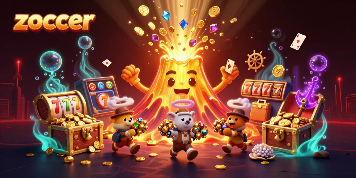 Zoccer players winning jackpot treasures from a golden volcano's eruption, showcasing thrilling casino atmosphere.