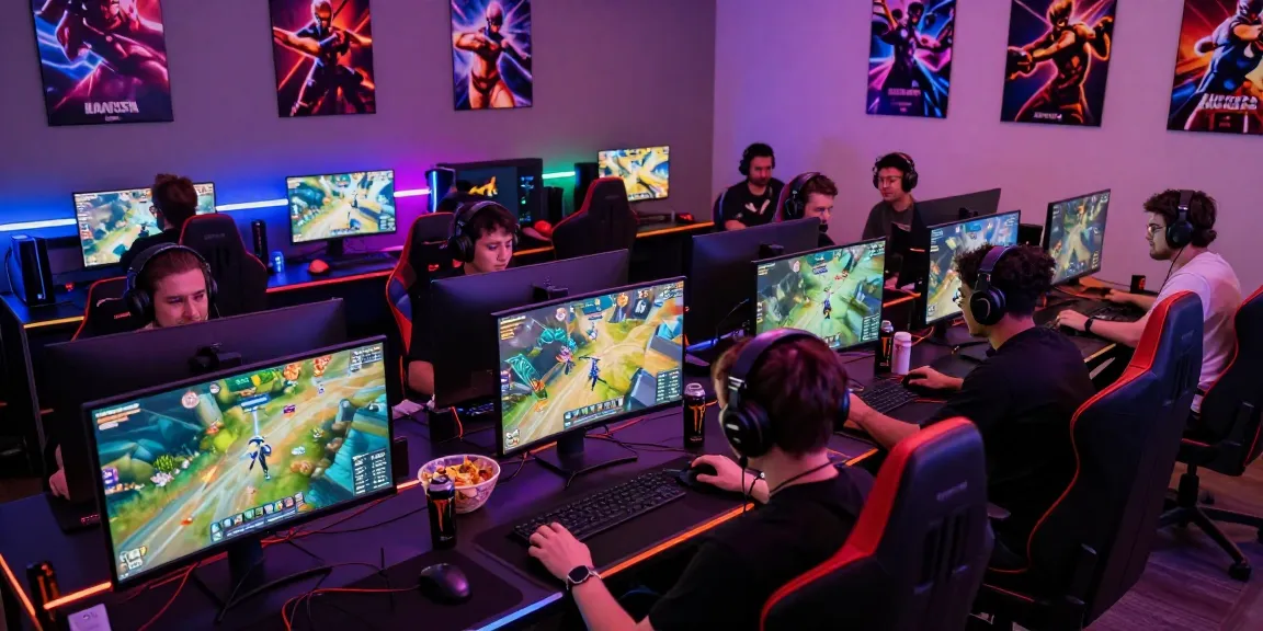 Gamers engaging in FAFA828 online multiplayer session with high-tech setup