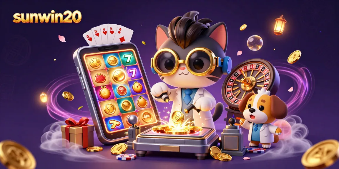 Engage with sunwin20 slot games featuring a mad scientist cat creating coins amid dynamic casino elements.